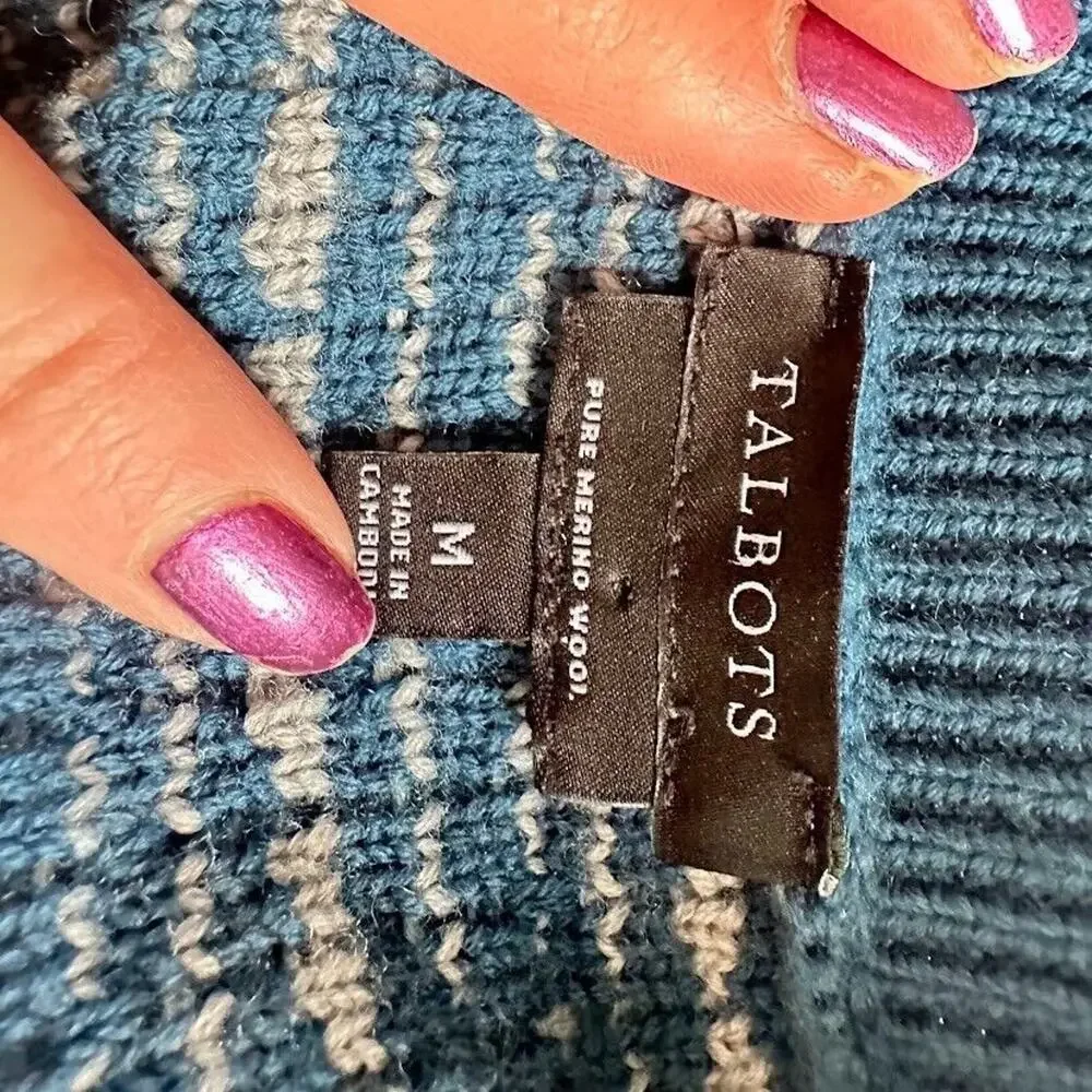 Talbots 100% Merino Wool Long Cardigan Blue Plaid Size M Gold Button Pockets